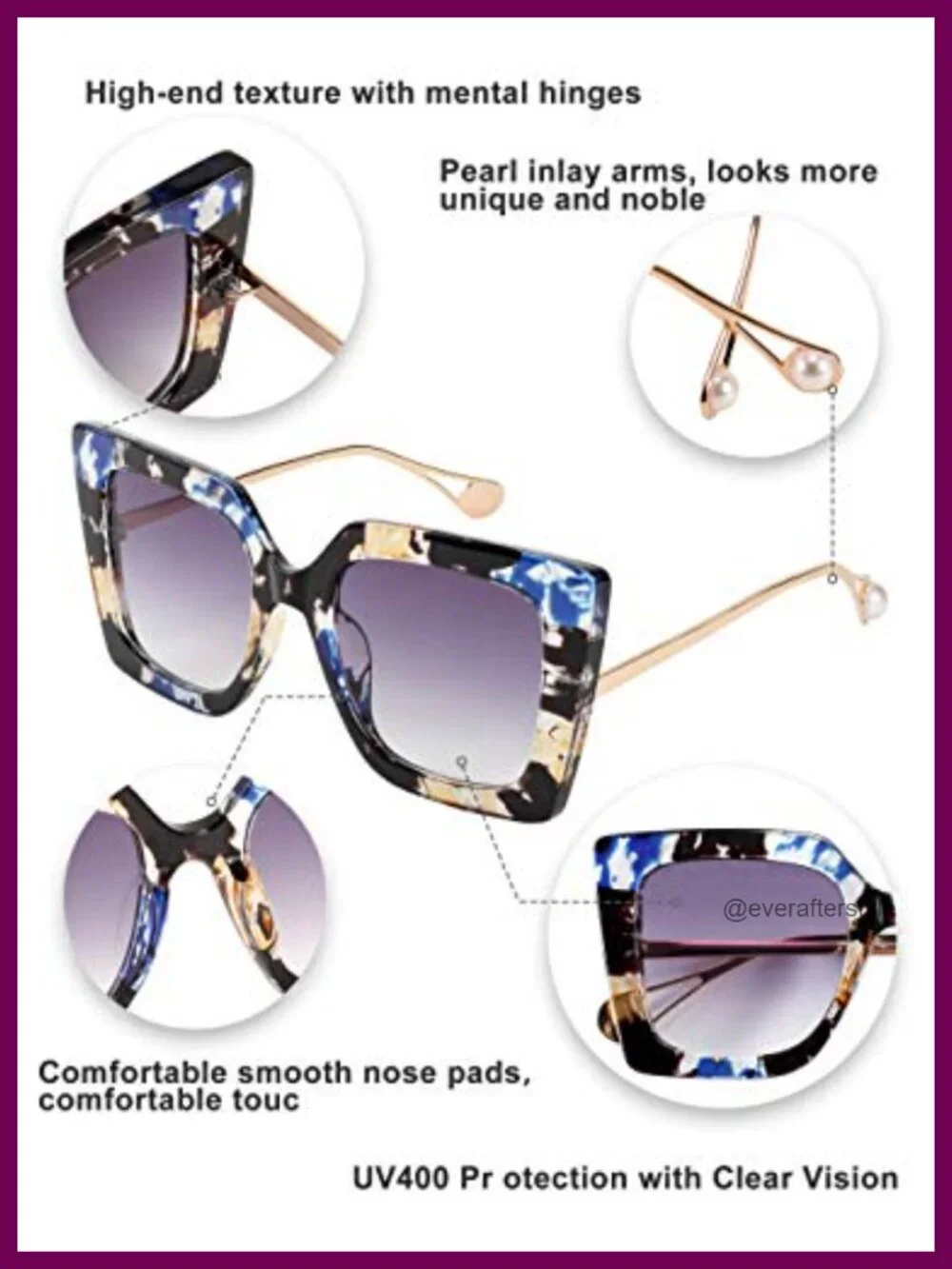 Oversized Square Cat Eye Sunglasses UV400 Protection Pearl Inlay Frame